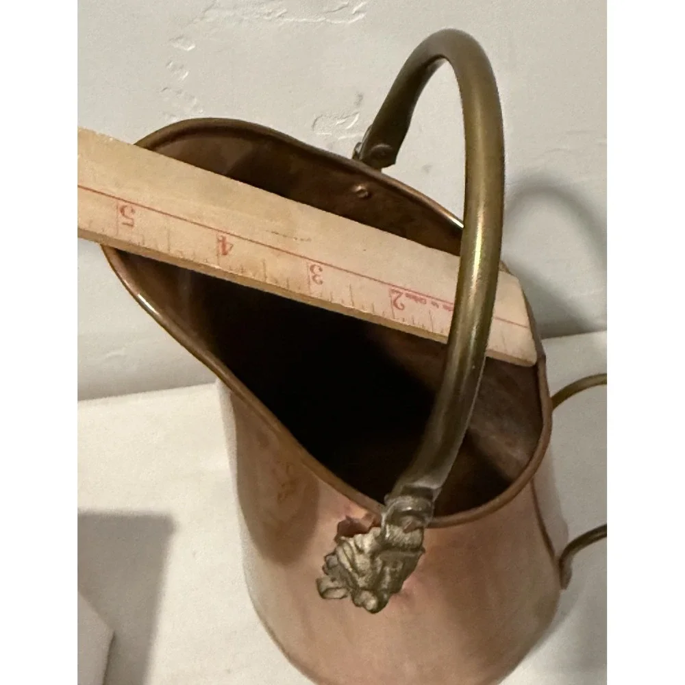 Vintage Copper Coal Scuttle/Bucket W/ Ceramic Handle Lion Decoratives, 13